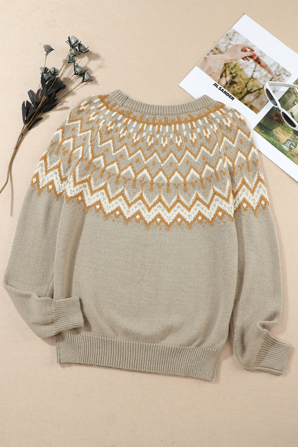 Pull col rond côtelé à motif géométrique