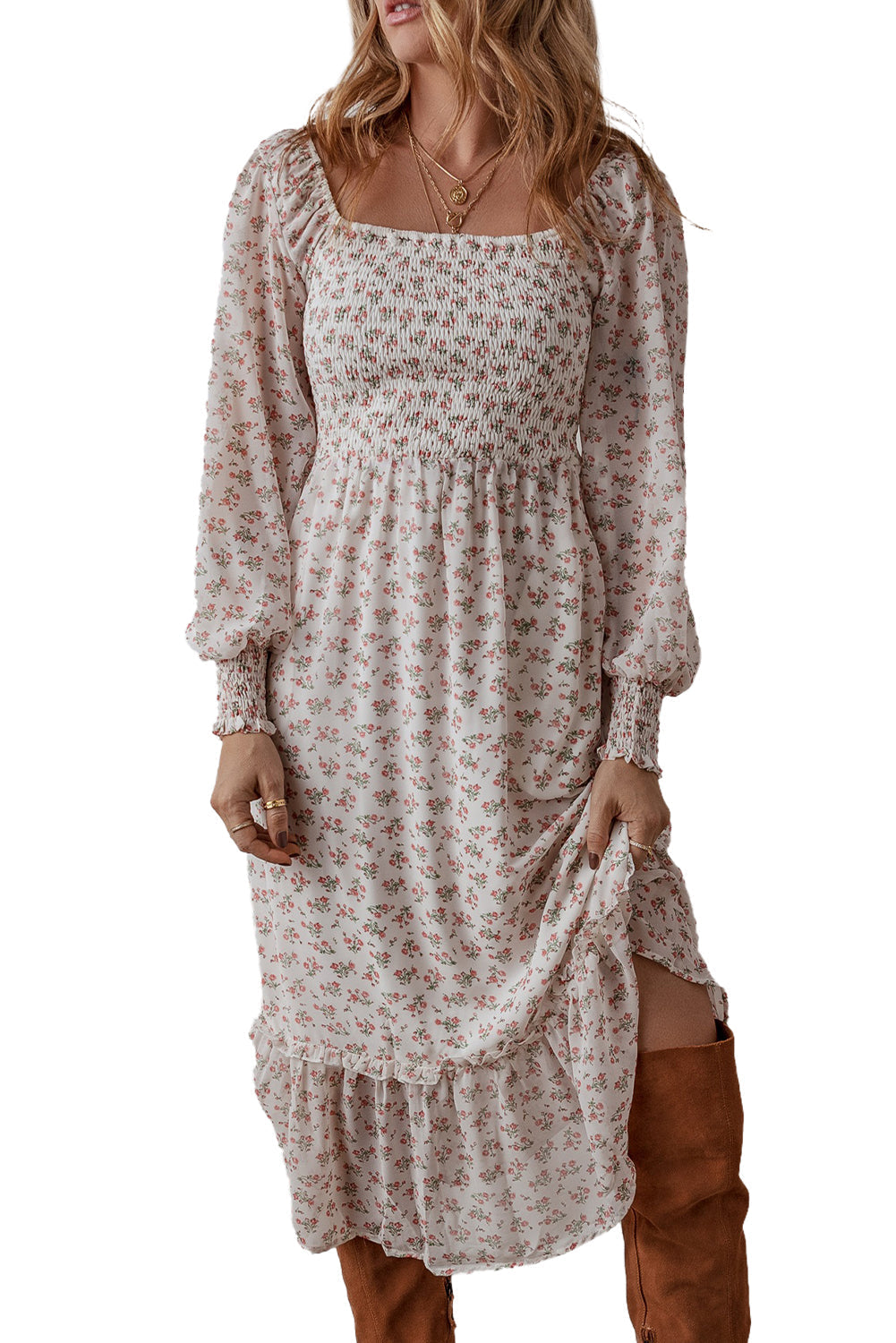 Robe midi froncée a imprimé floral et ourlet a volants, col carré