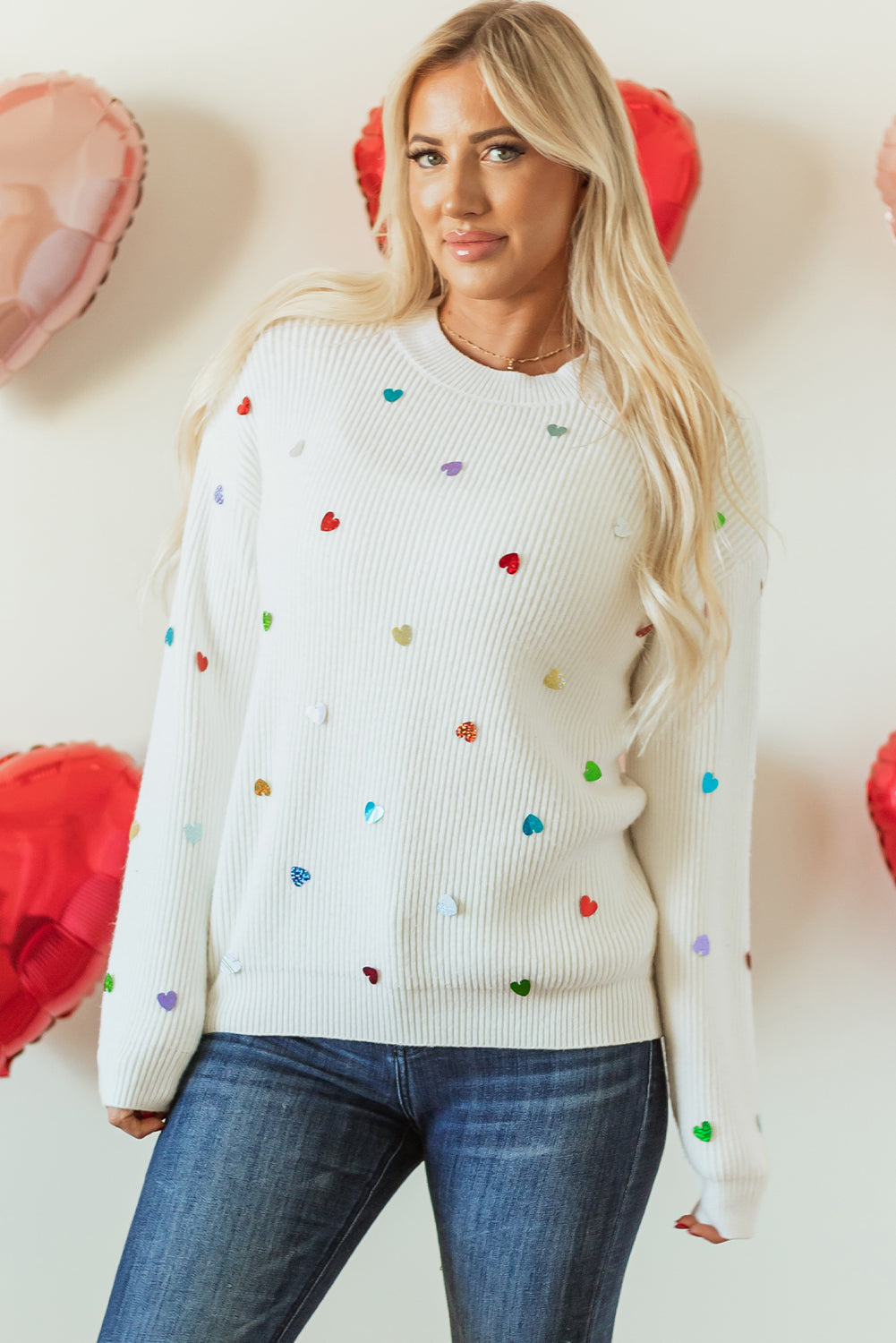 Pull a col rond en tricot gaufré en forme de cœur a sequins