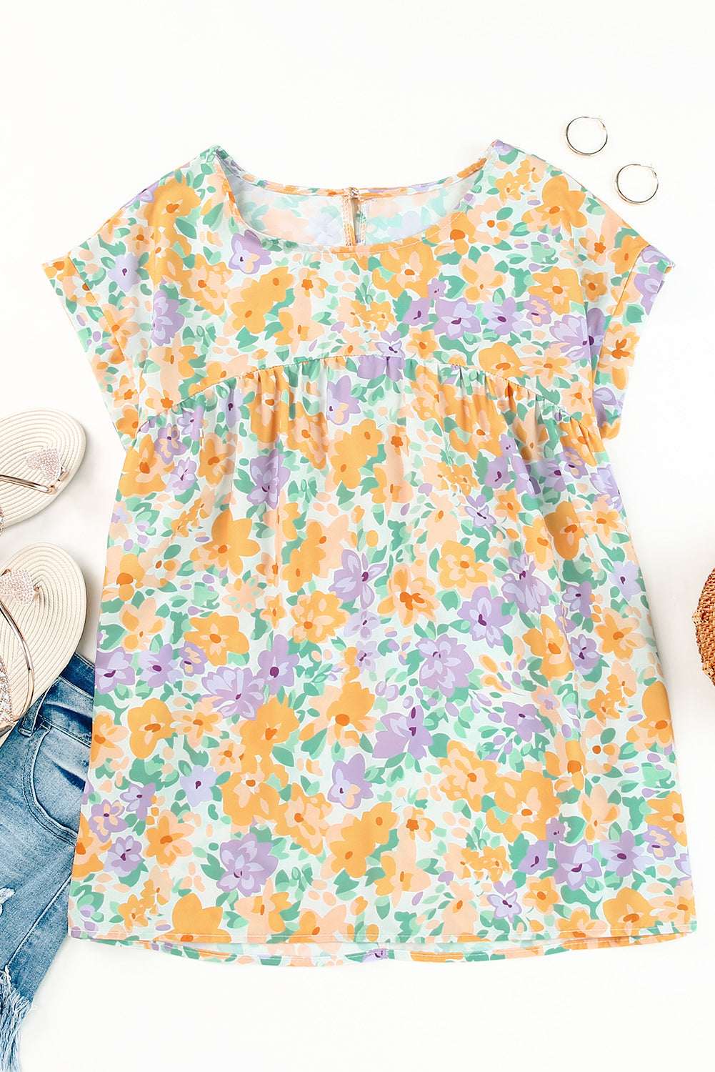 Chemisier babydoll à manches courtes et imprimé floral au dos