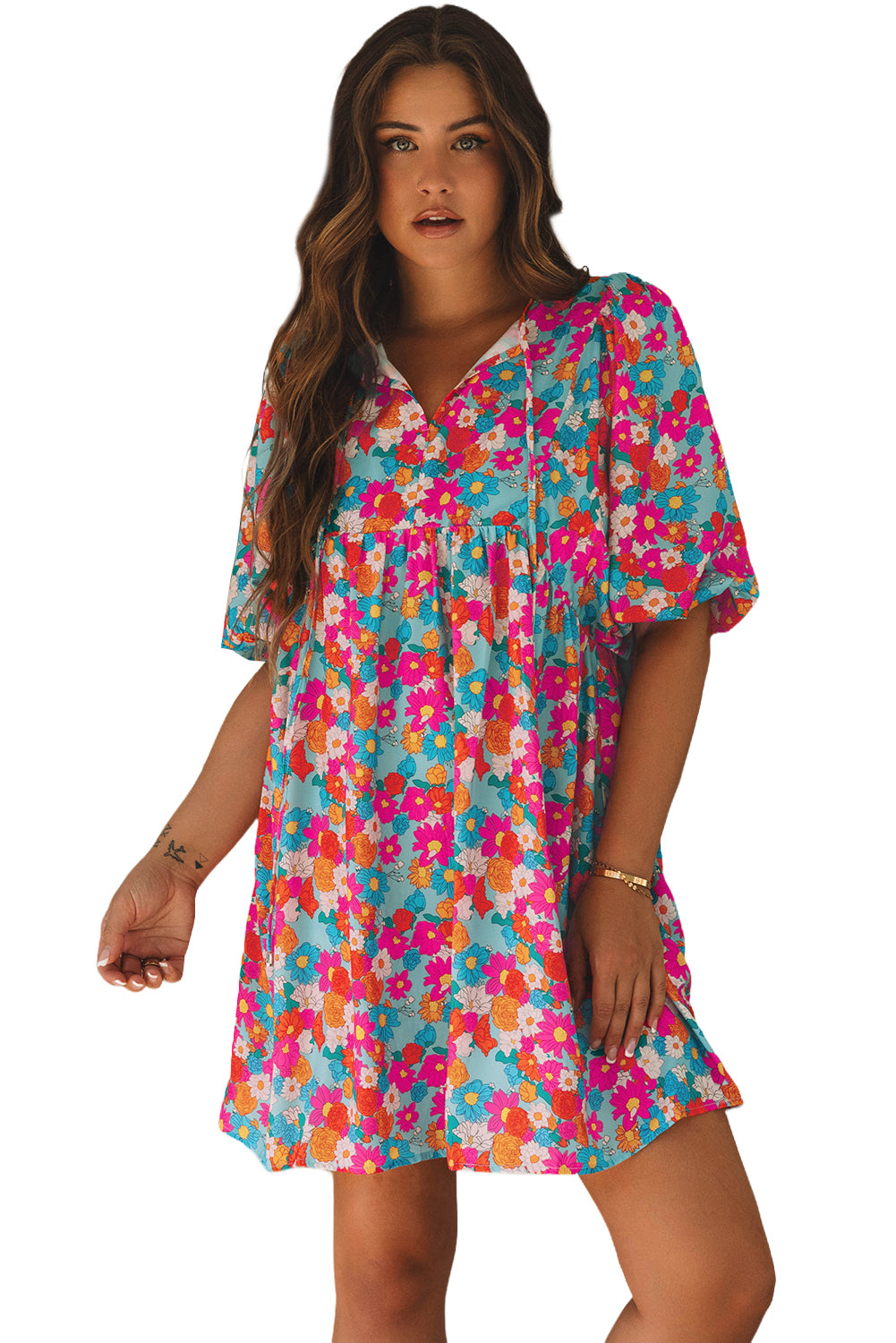 Robe babydoll a imprimé floral, col fendu, manches bulles