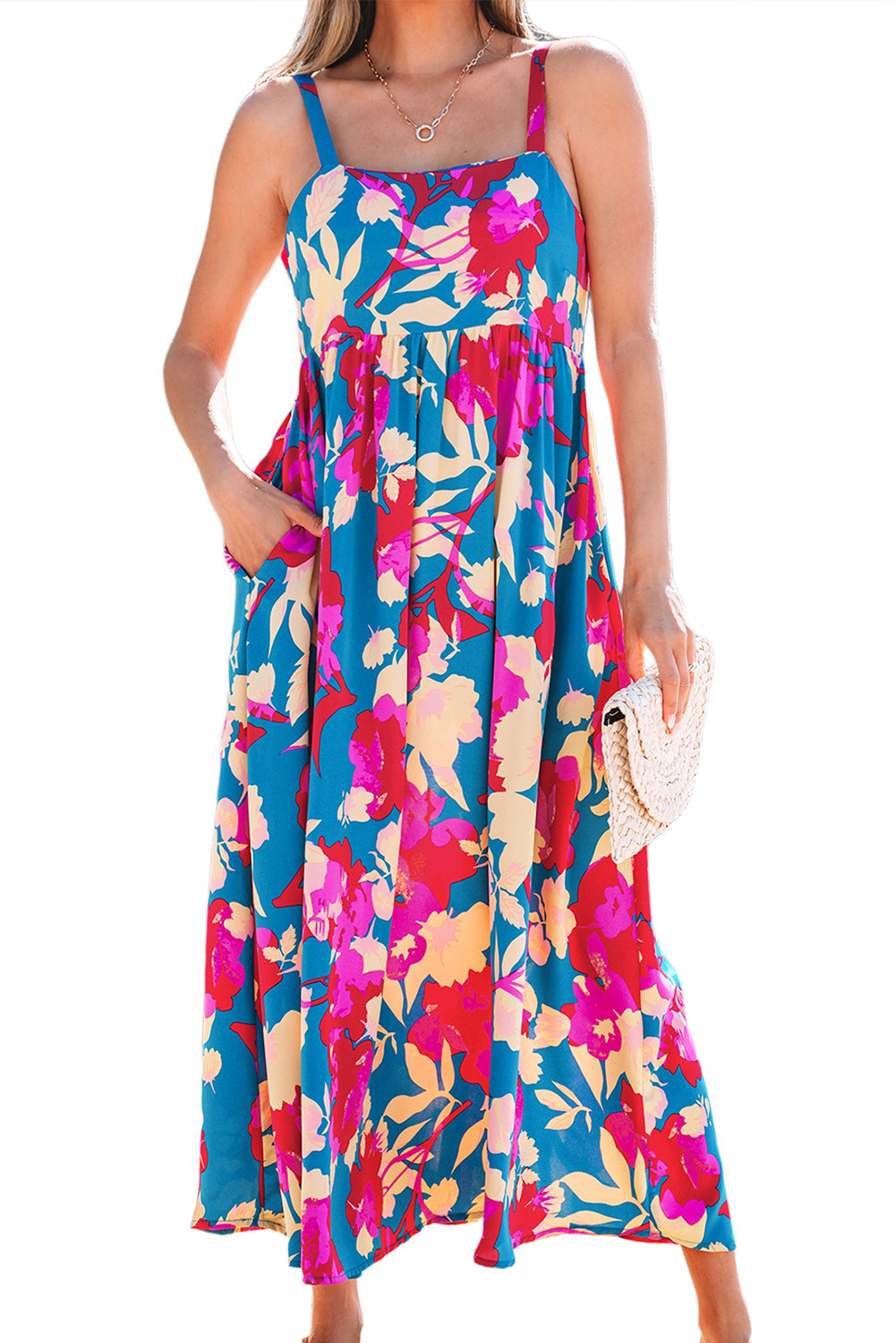Robe longue évasée sans manches à taille haute et motif floral