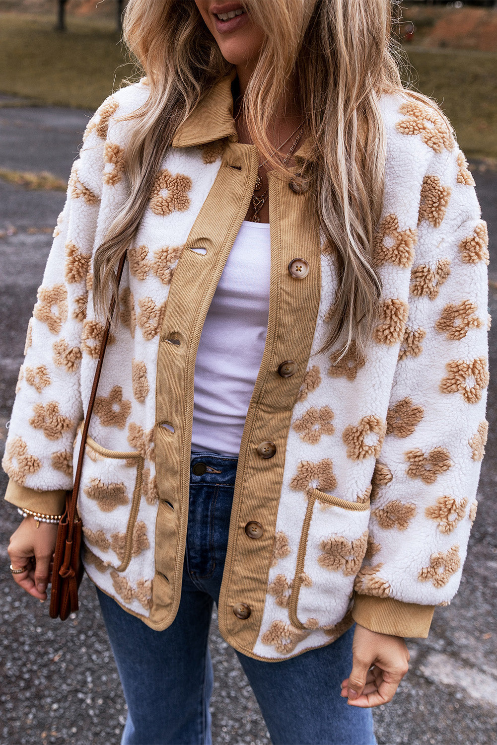 Veste polaire boutonnée a motif de fleurs mignonnes