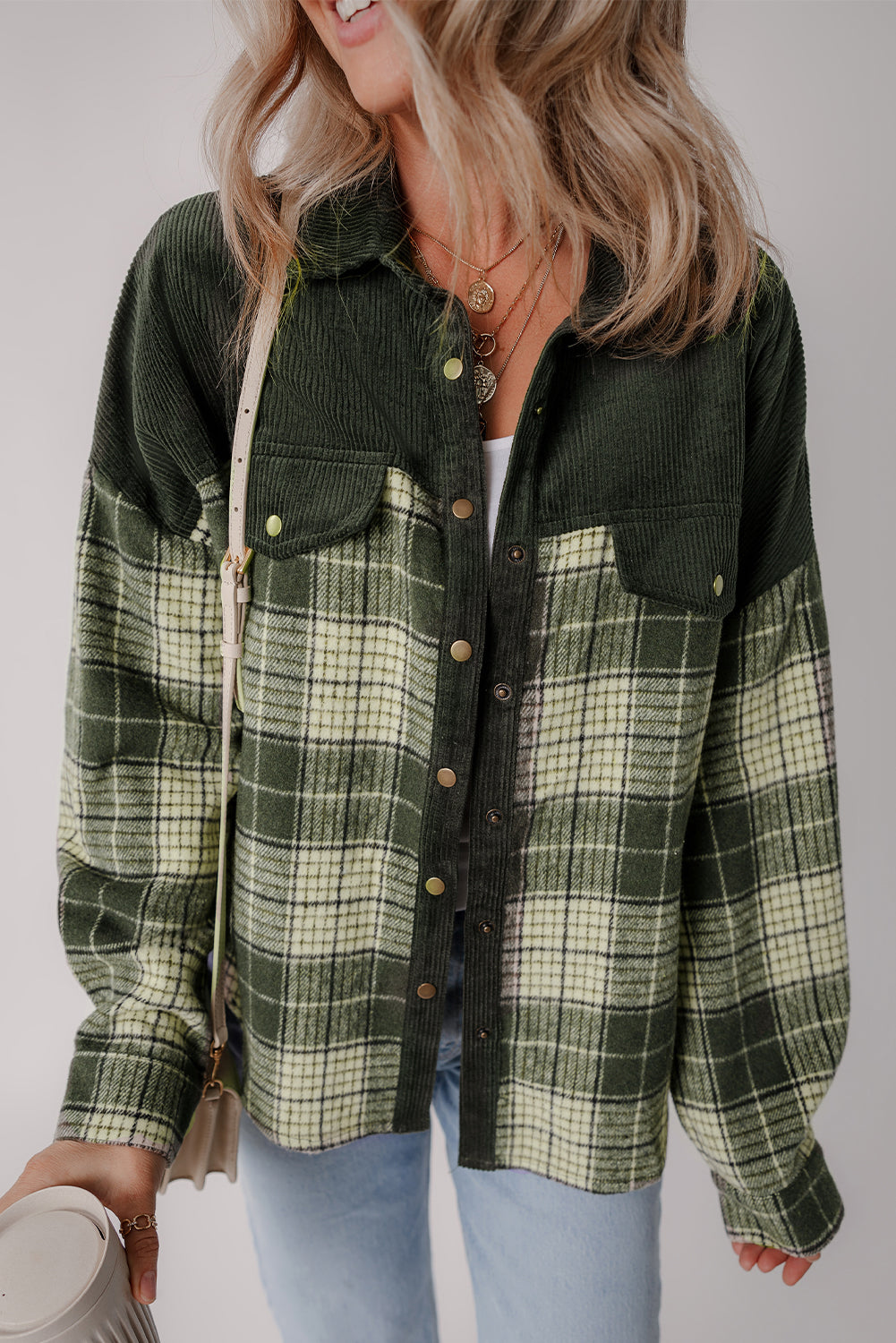 Veste à carreaux color block avec boutons-pression