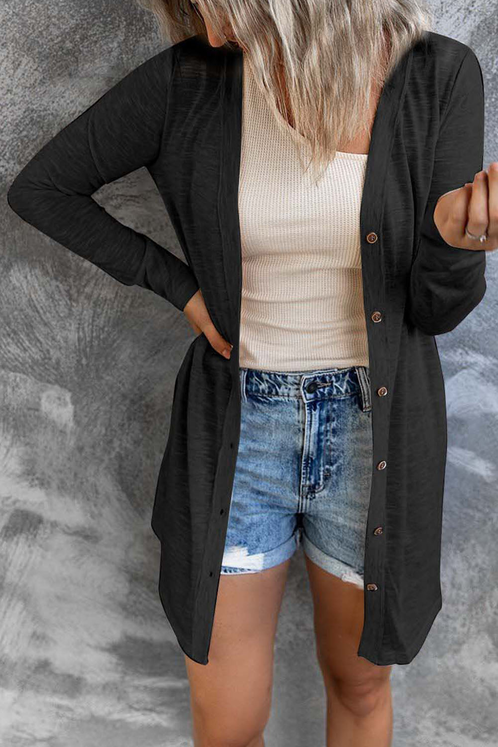 Cardigan ouvert a boutons de couleur unie