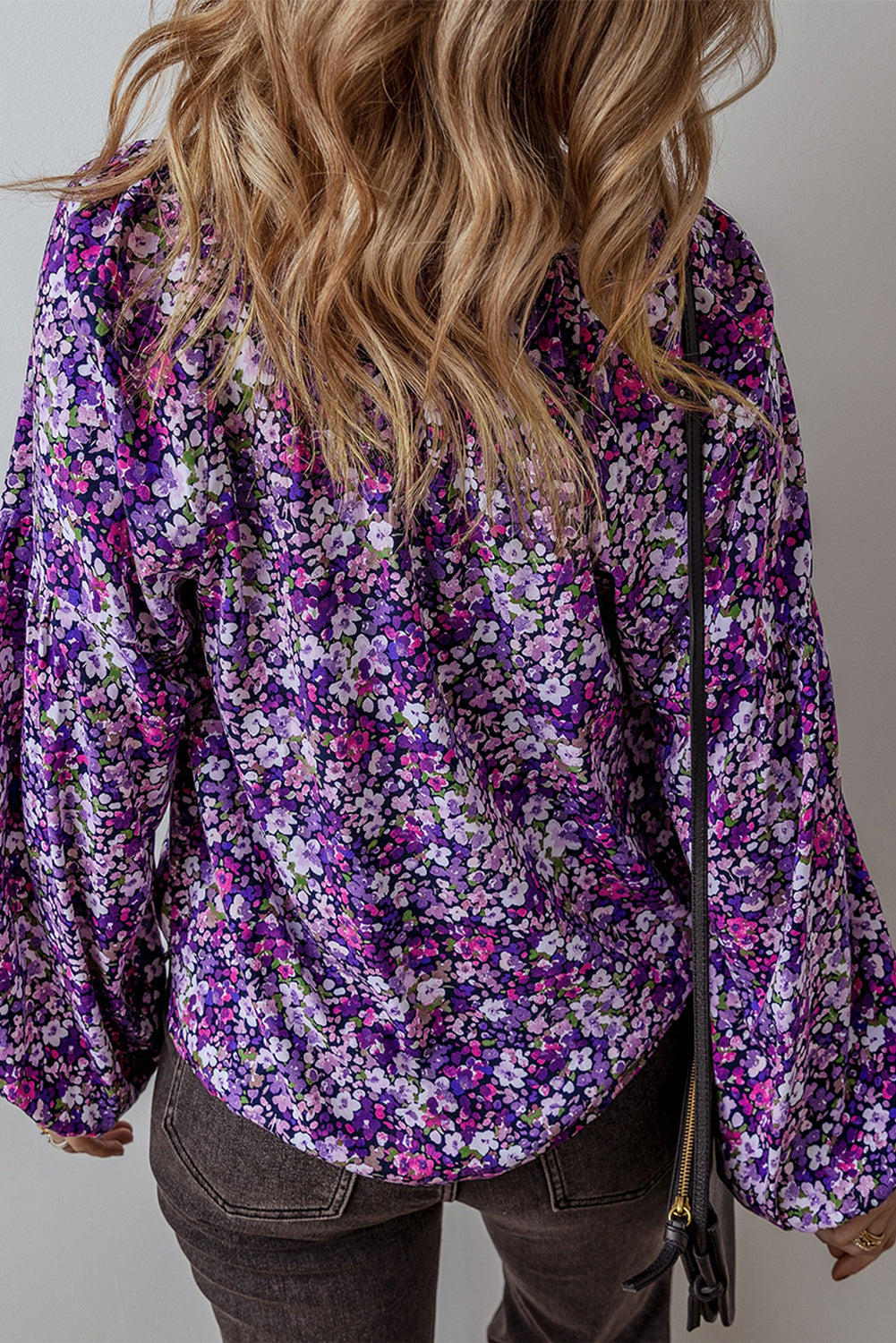 Blouse Boho Fleur Fendue a Col en V et Manches Bulles