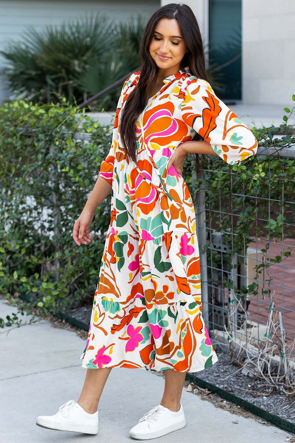 Robe longue a volants et col en V a imprimé floral