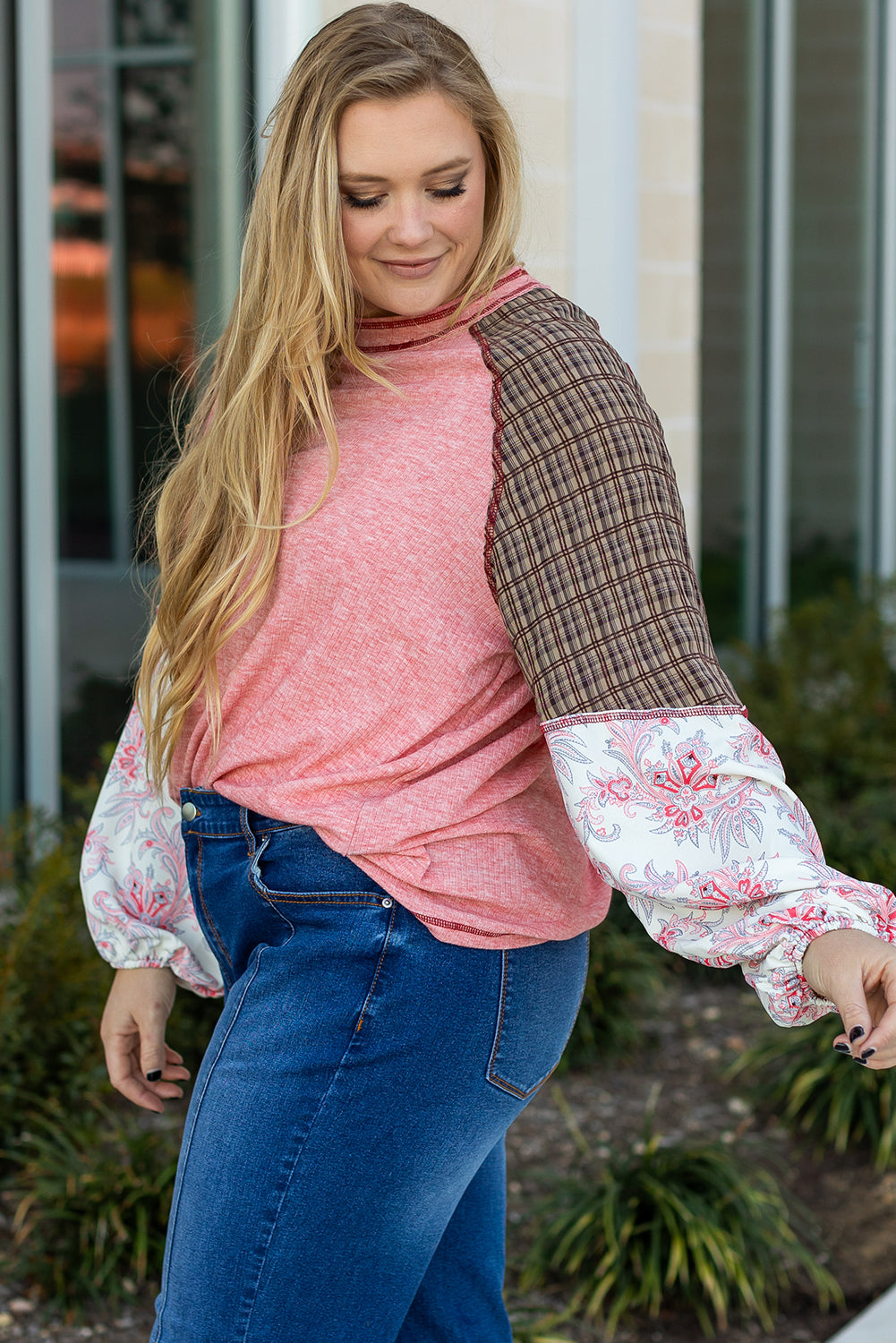 Haut a Carreaux Paisley Patchwork Manches Raglan Coutures Grande Taille