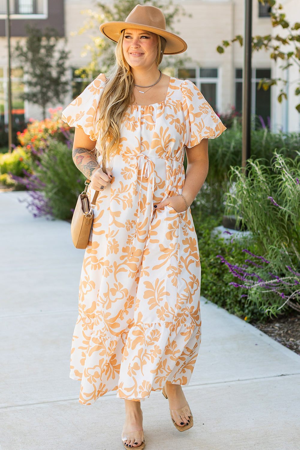 Robe longue de villégiature a manches courtes bouffantes et imprimé floral, grande taille