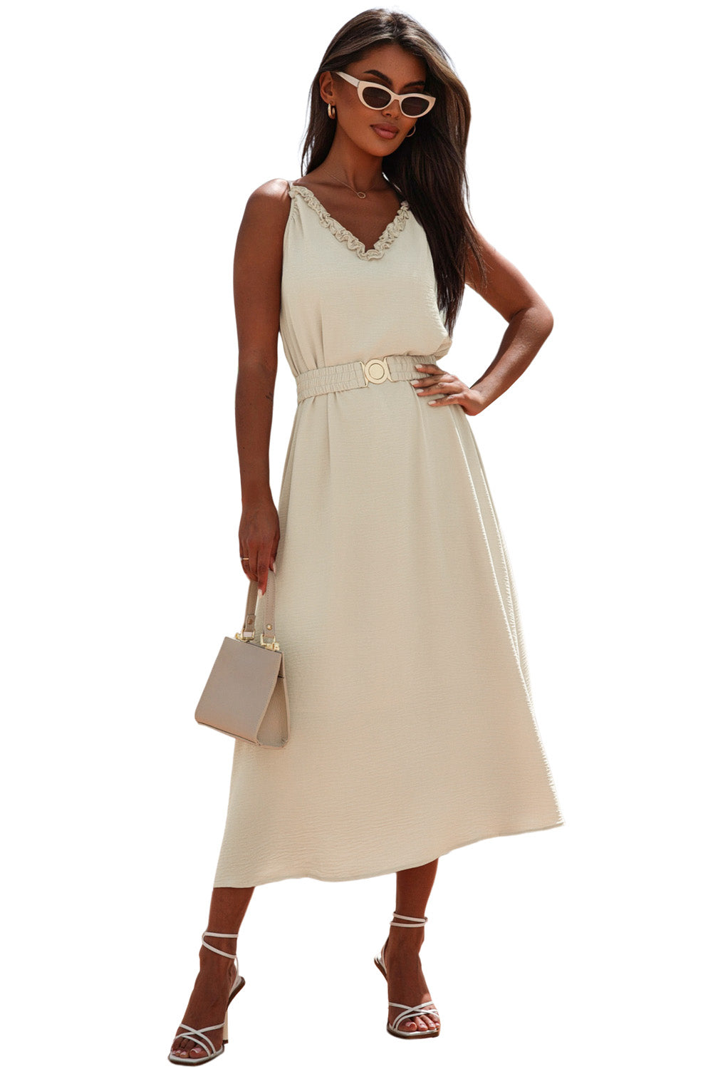 Robe longue sans manches à col en V avec ceinture élastique