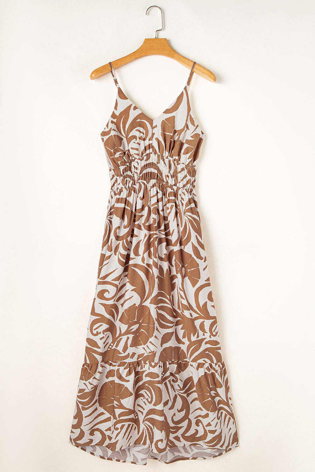 Robe longue à fleurs froncées, taille haute, bretelles spaghetti