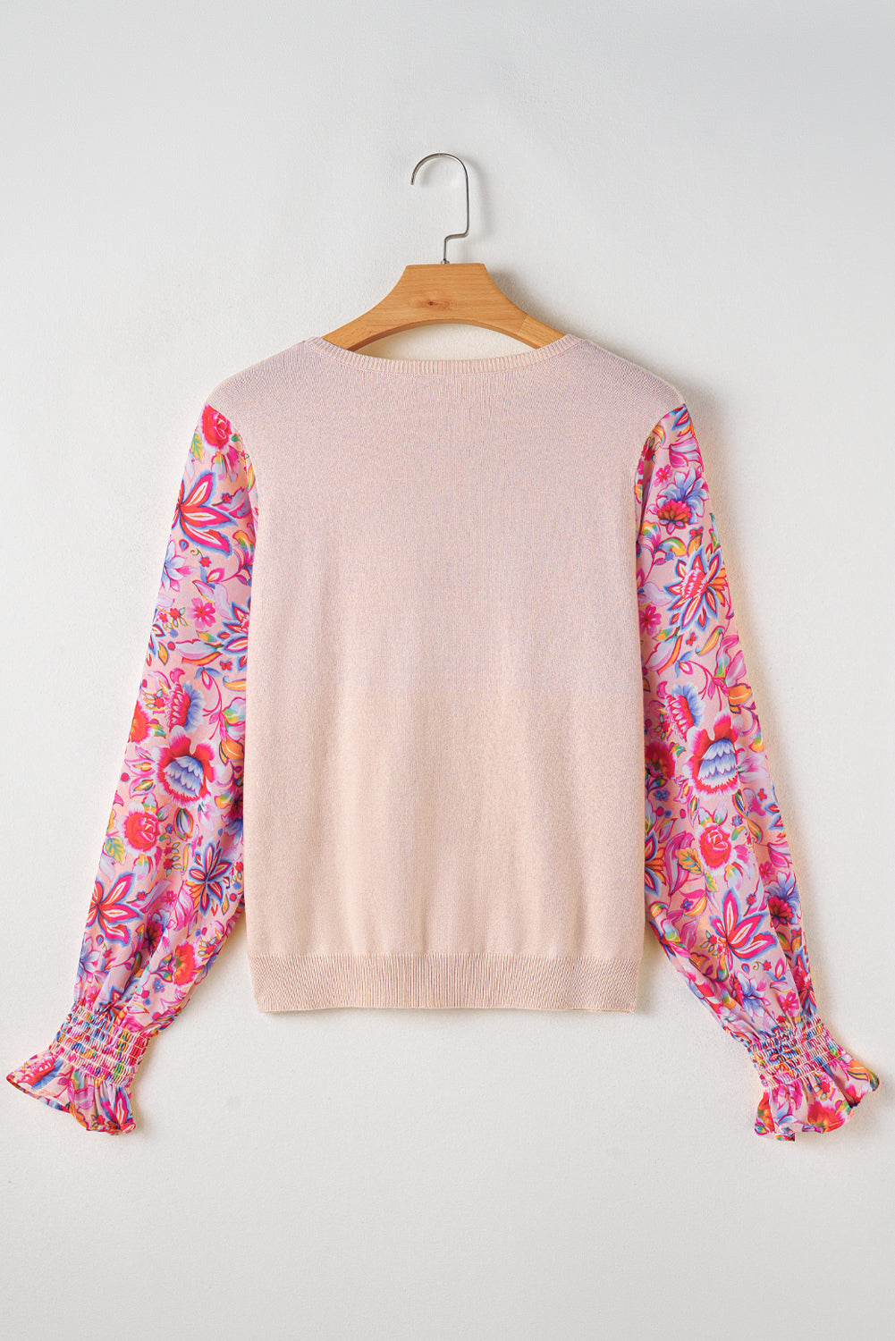 Haut en tricot a manches lanterne smockées et patchwork imprimé floral