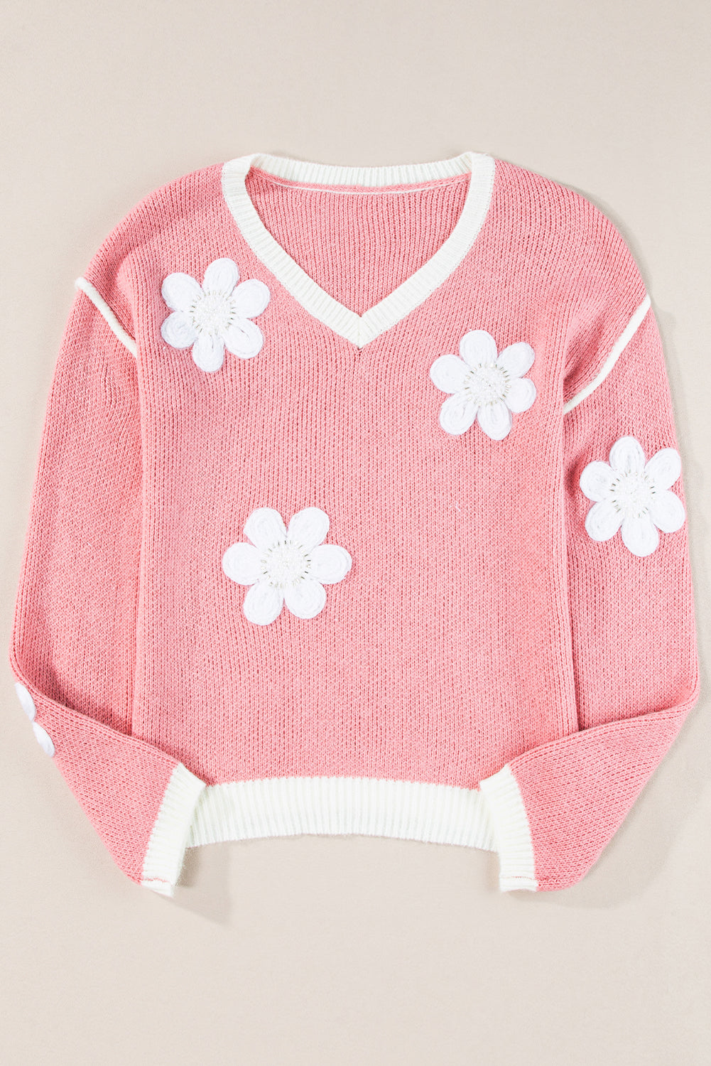 Pull fleuri à col en V et épaules tombantes