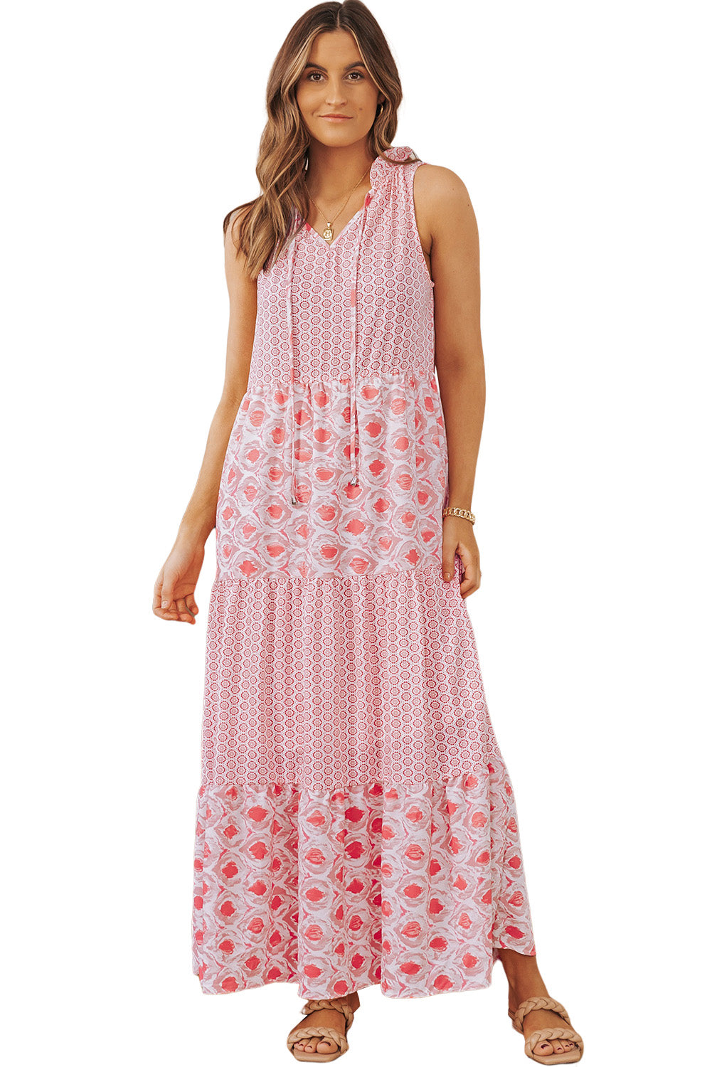 Robe longue sans manches à col fendu et imprimé abstrait
