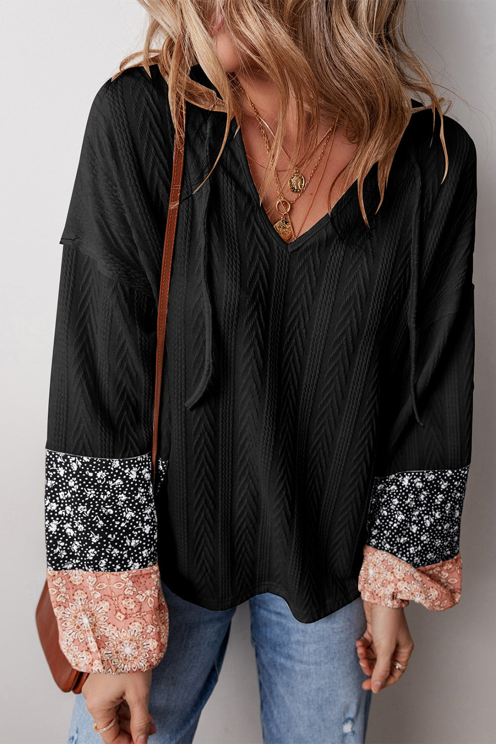 Blouse a col en V avec cordon de serrage en tricot texturé patchwork floral