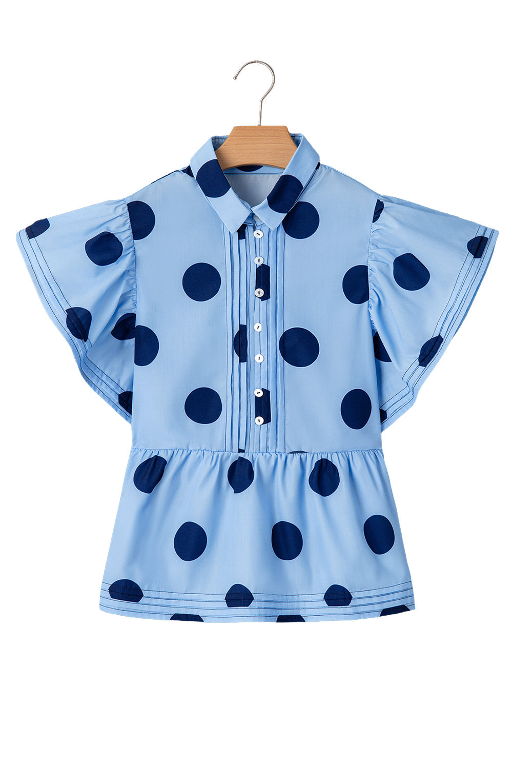 Blouse a col boutonné a manches courtes et a volants imprimé a pois
