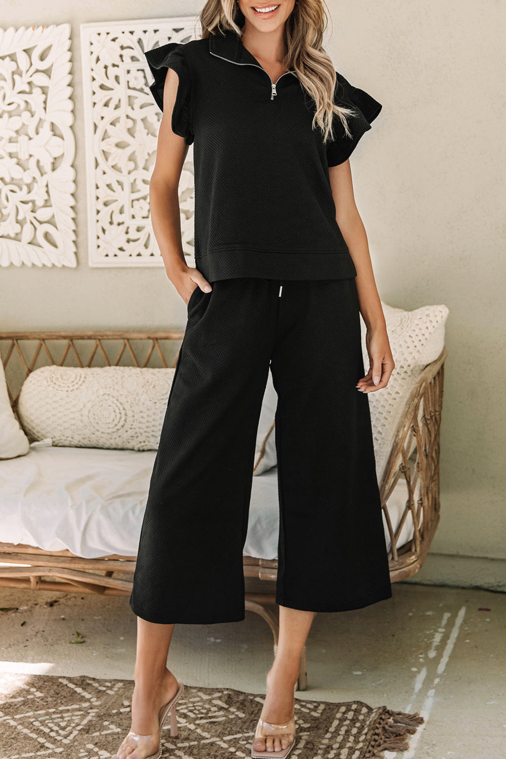 Ensemble haut et pantalon large texturé à manches flottantes