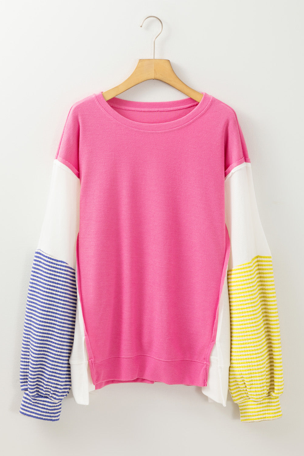 Haut Grande Taille a Rayures Colorblock Patchwork a Manches Bouffantes et Fentes