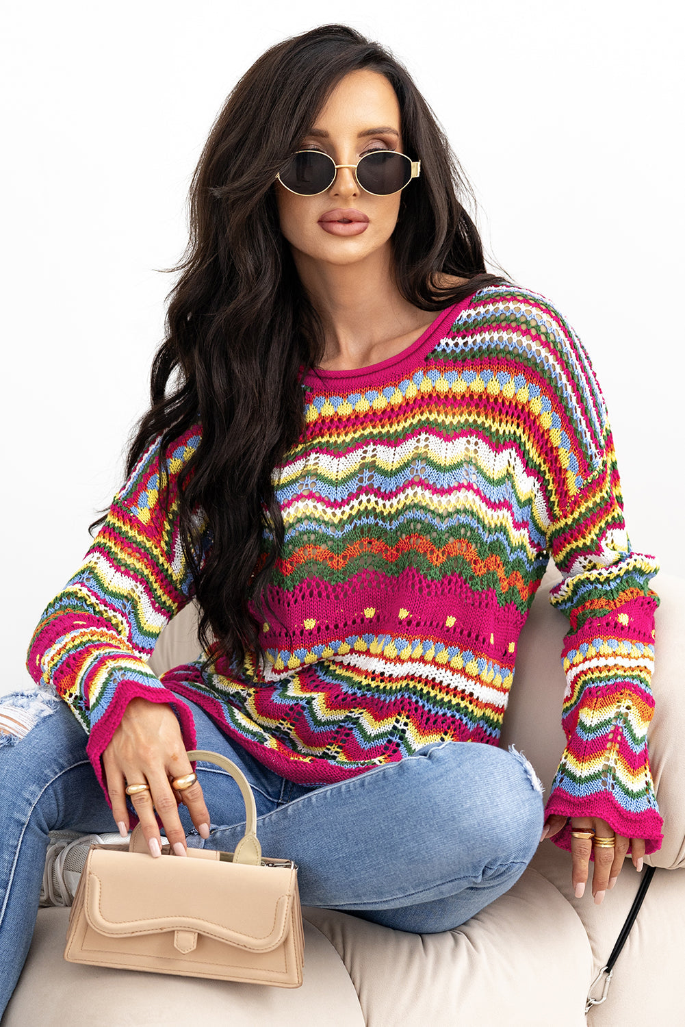 Pull a manches amples en tricot ajouré a rayures color block