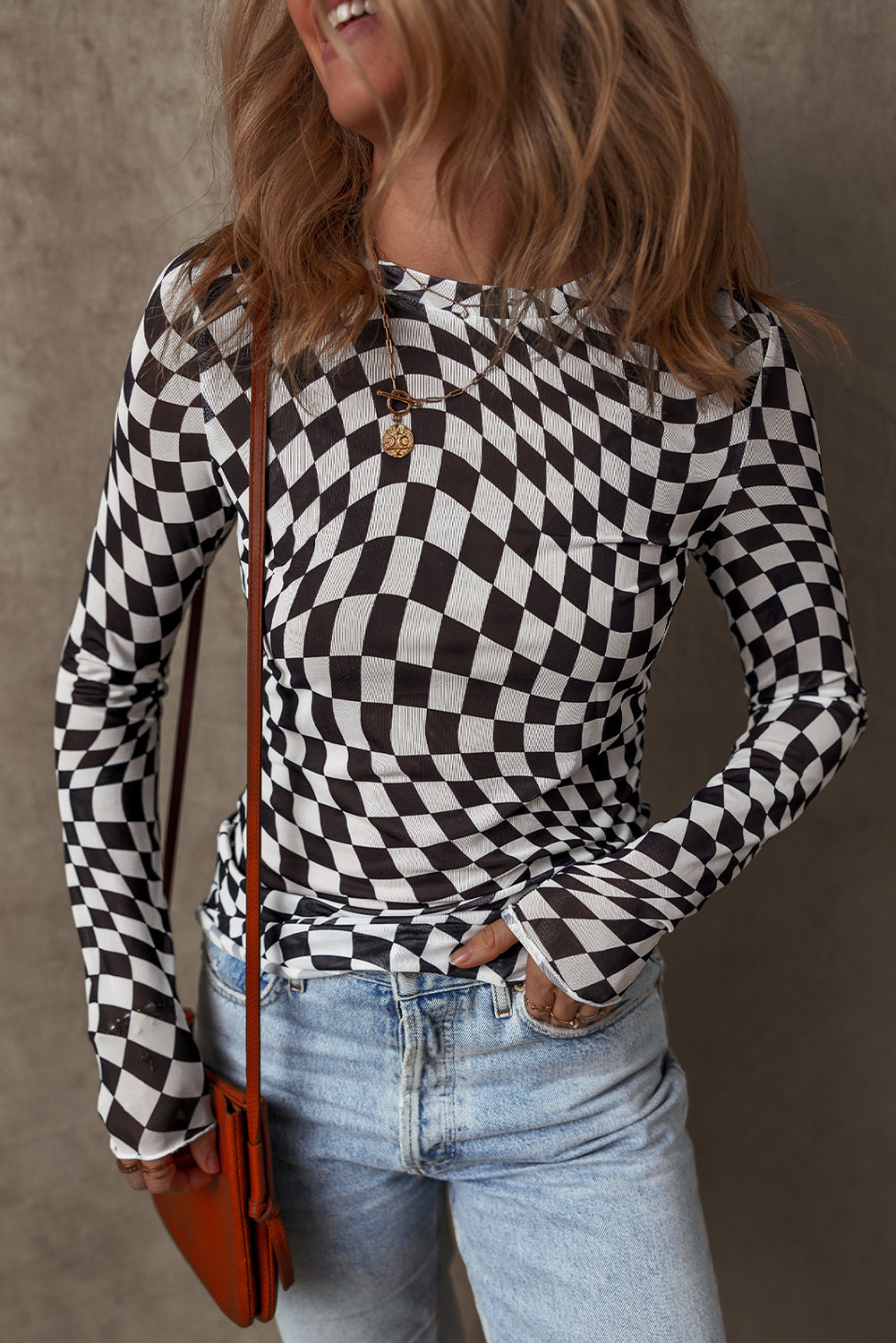 Haut a manches longues et col montant en maille a motif a carreaux