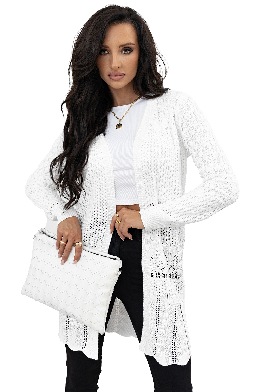Cardigan ouvert sur le devant ajouré au crochet