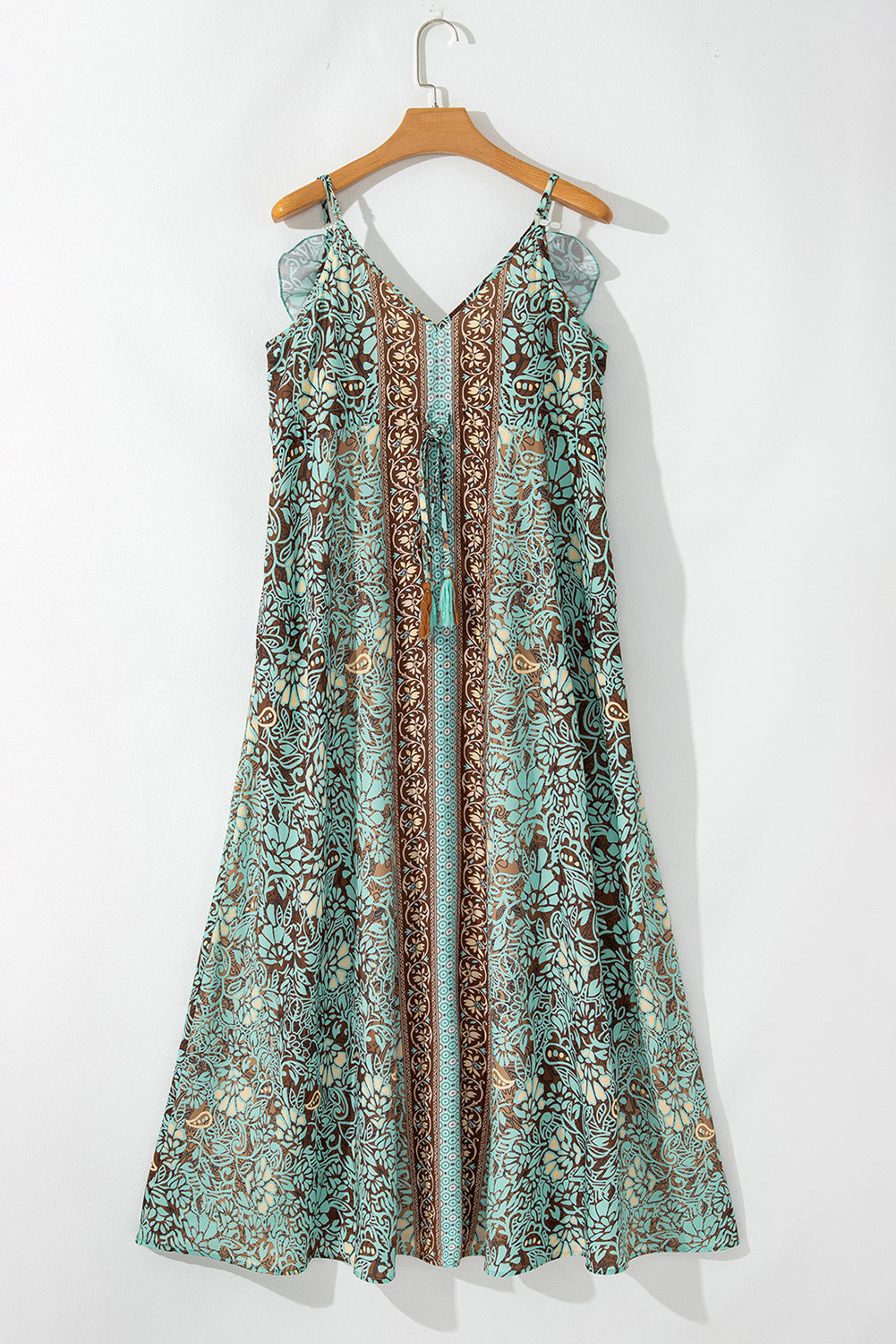 Robe longue à imprimé floral, col en V, bordure à volants, dos nu, taille à pompons