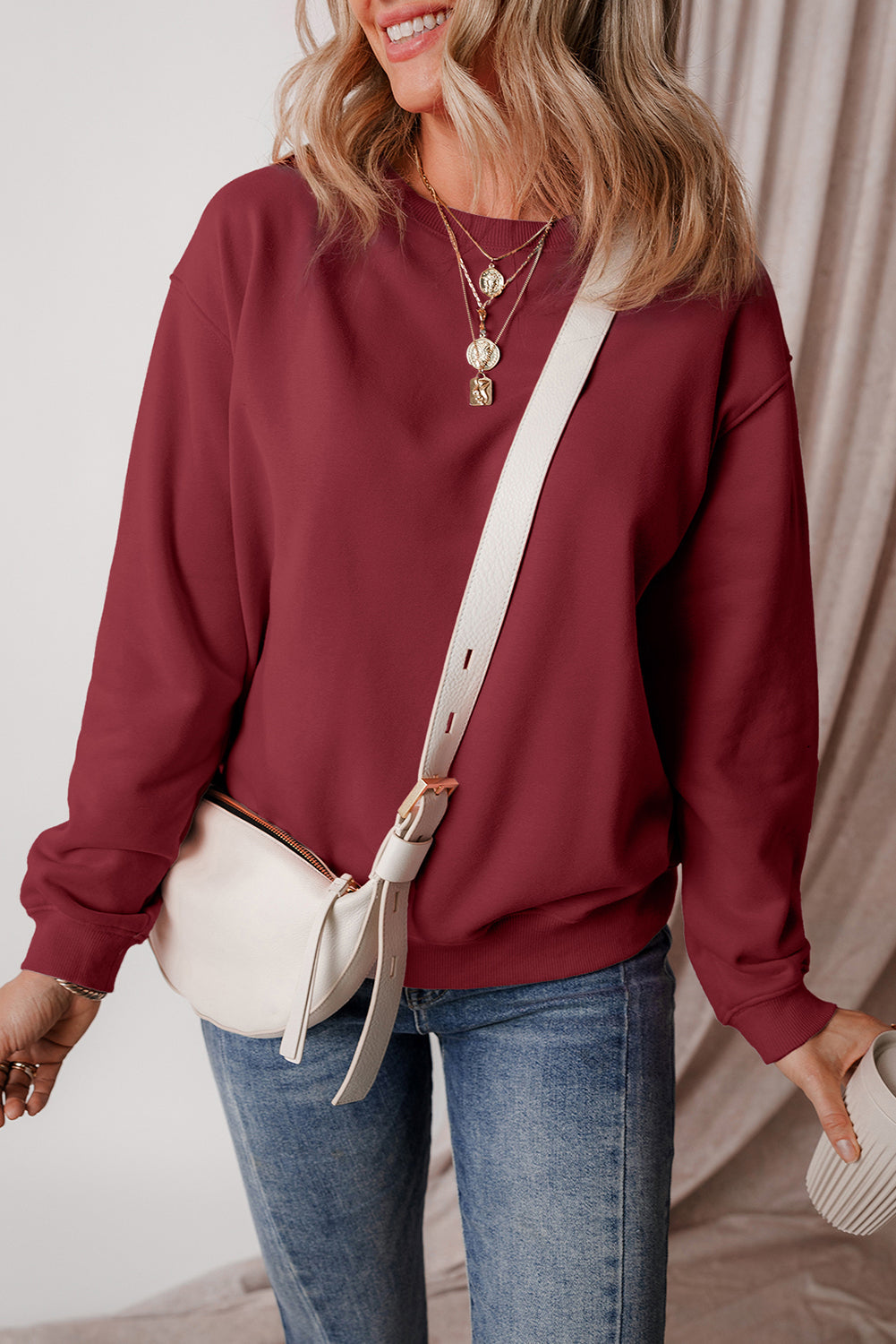 Sweat-shirt en tissu éponge à épaules tombantes doublé de polaire uni