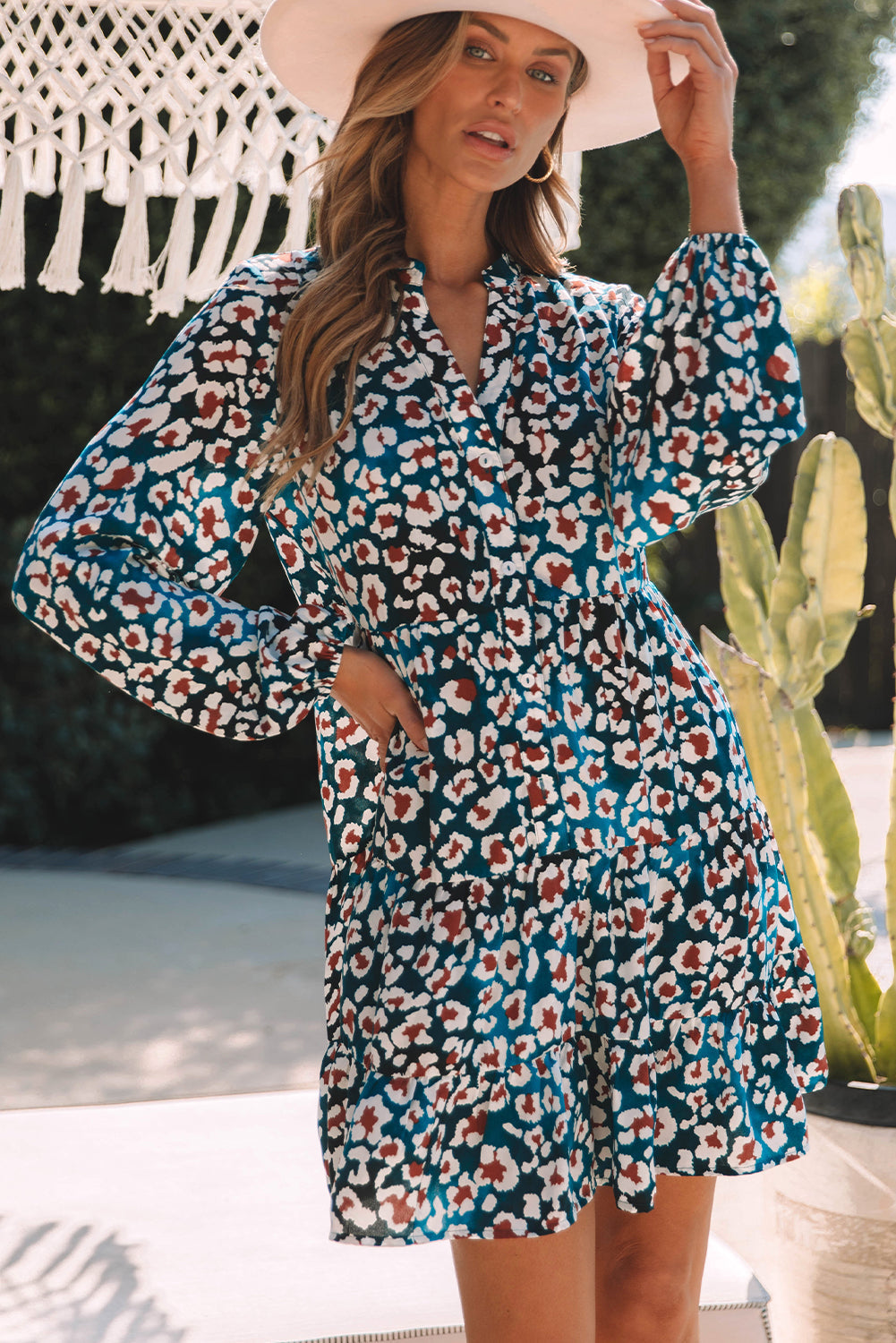 Robe chemise à volants et manches bouffantes imprimé léopard