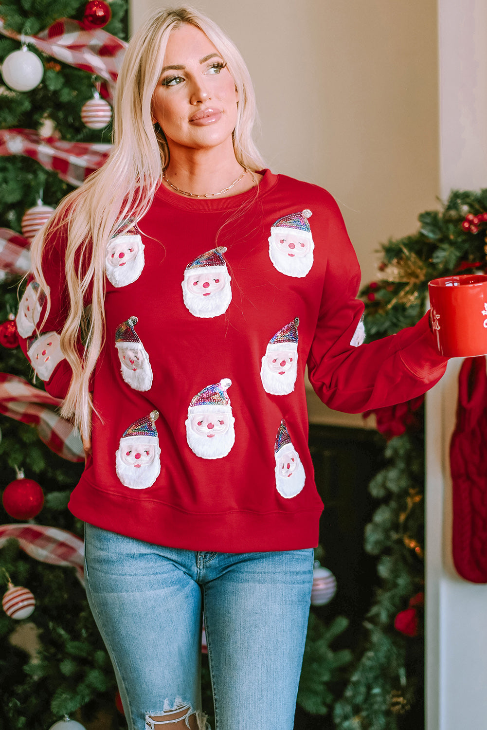 Sweat-shirt graphique de Noel à paillettes rouge vif