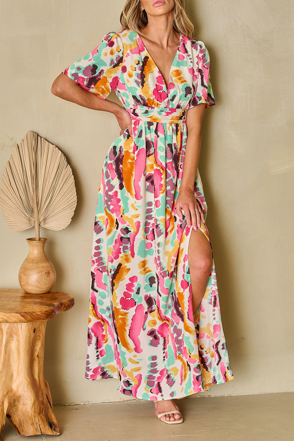 Robe longue bohème à imprimé tie-dye et col en V
