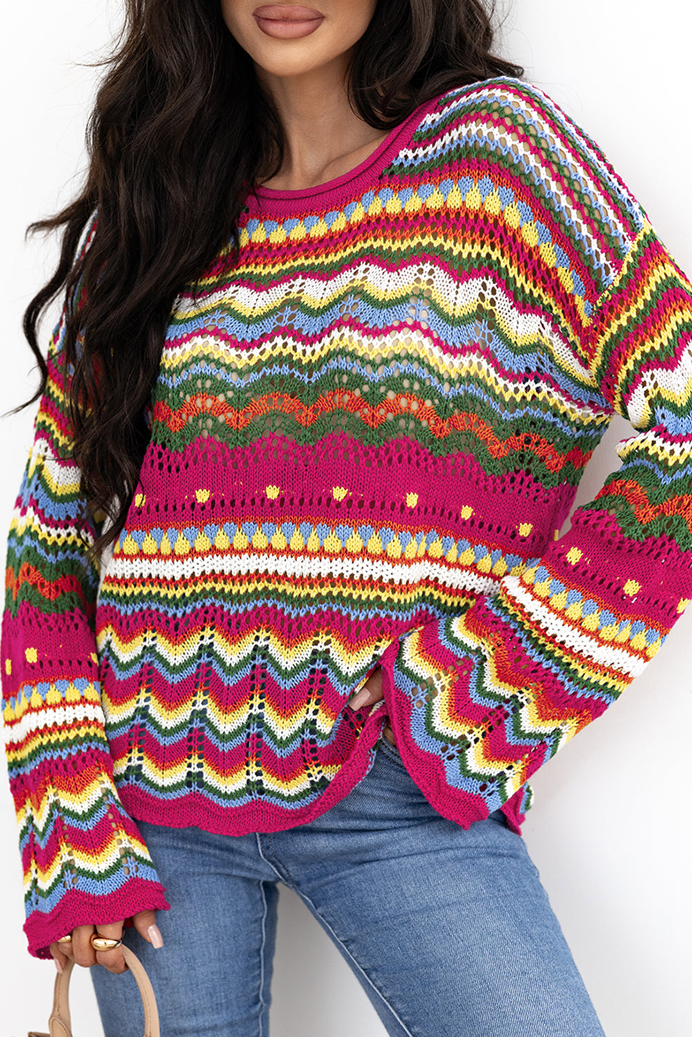 Pull a manches amples en tricot ajouré a rayures color block