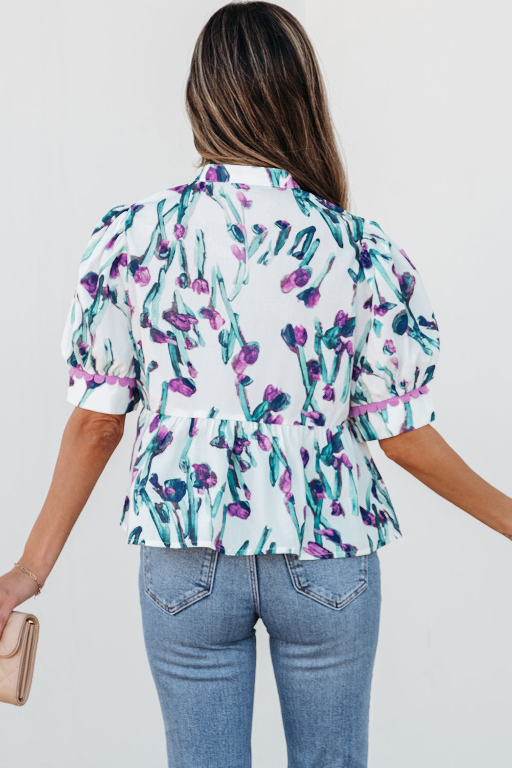 Haut péplum à manches mi-longues et bordure en ricrac floral