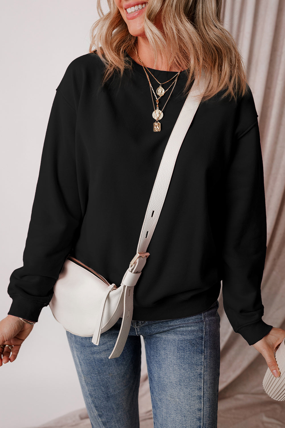 Sweat-shirt en tissu éponge à épaules tombantes doublé de polaire uni