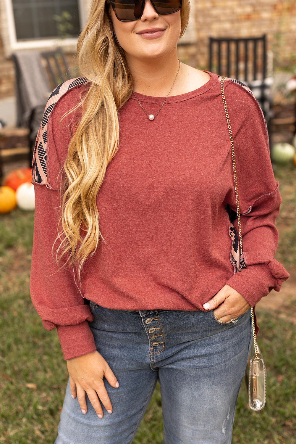 Sweat-shirt Haut Bas a Epaule Tombante Aztèque Patchwork Grande Taille