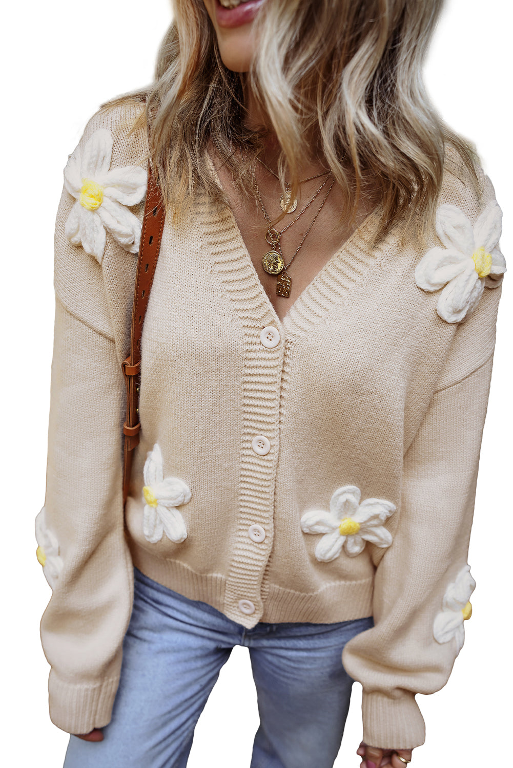 Cardigan élégant boutonné sur le devant a décor de fleurs