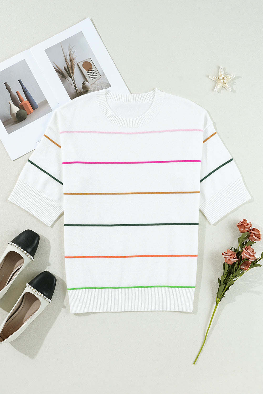 Pull rayé a manches mi-longues et épaules tombantes