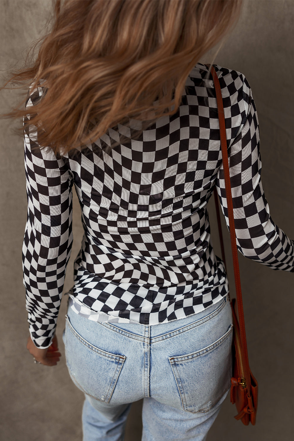 Haut a manches longues et col montant en maille a motif a carreaux