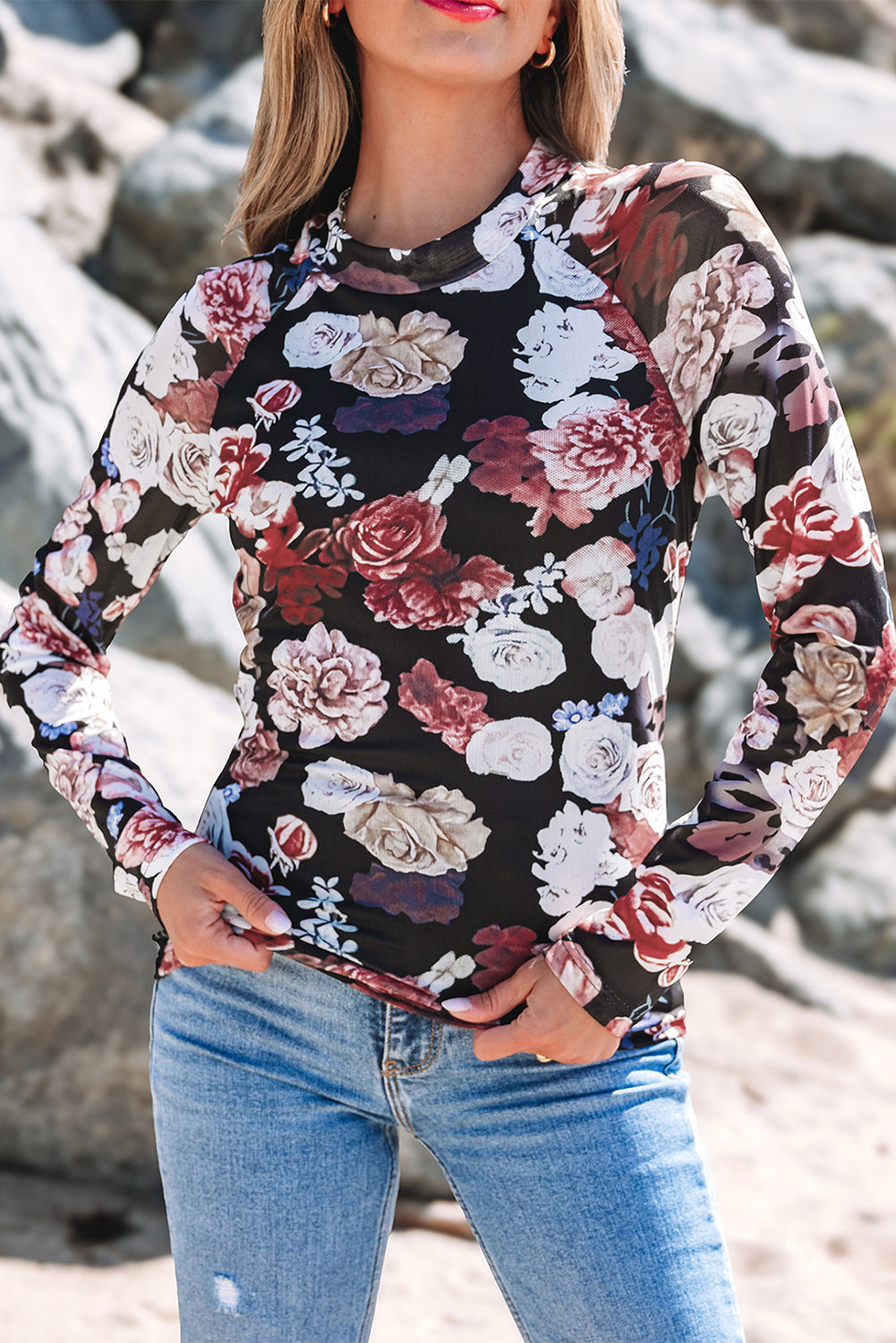 Haut slim à manches longues et col montant, imprimé floral en maille