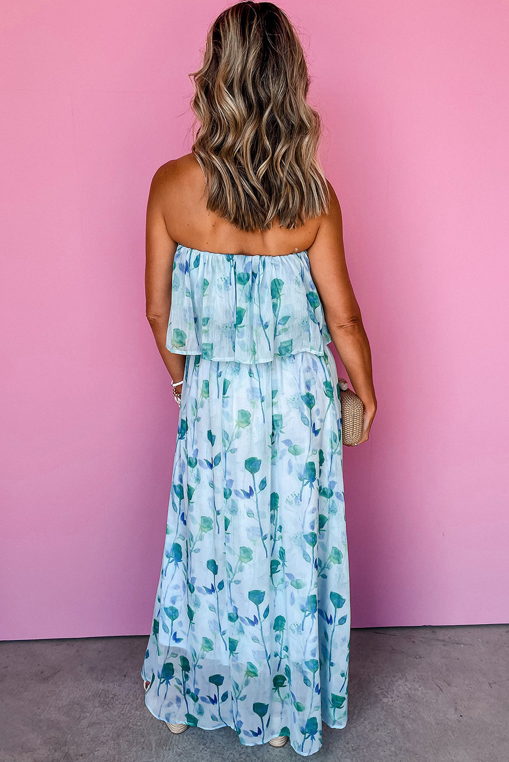 Robe longue tube à imprimé floral et à volants avec fente latérale