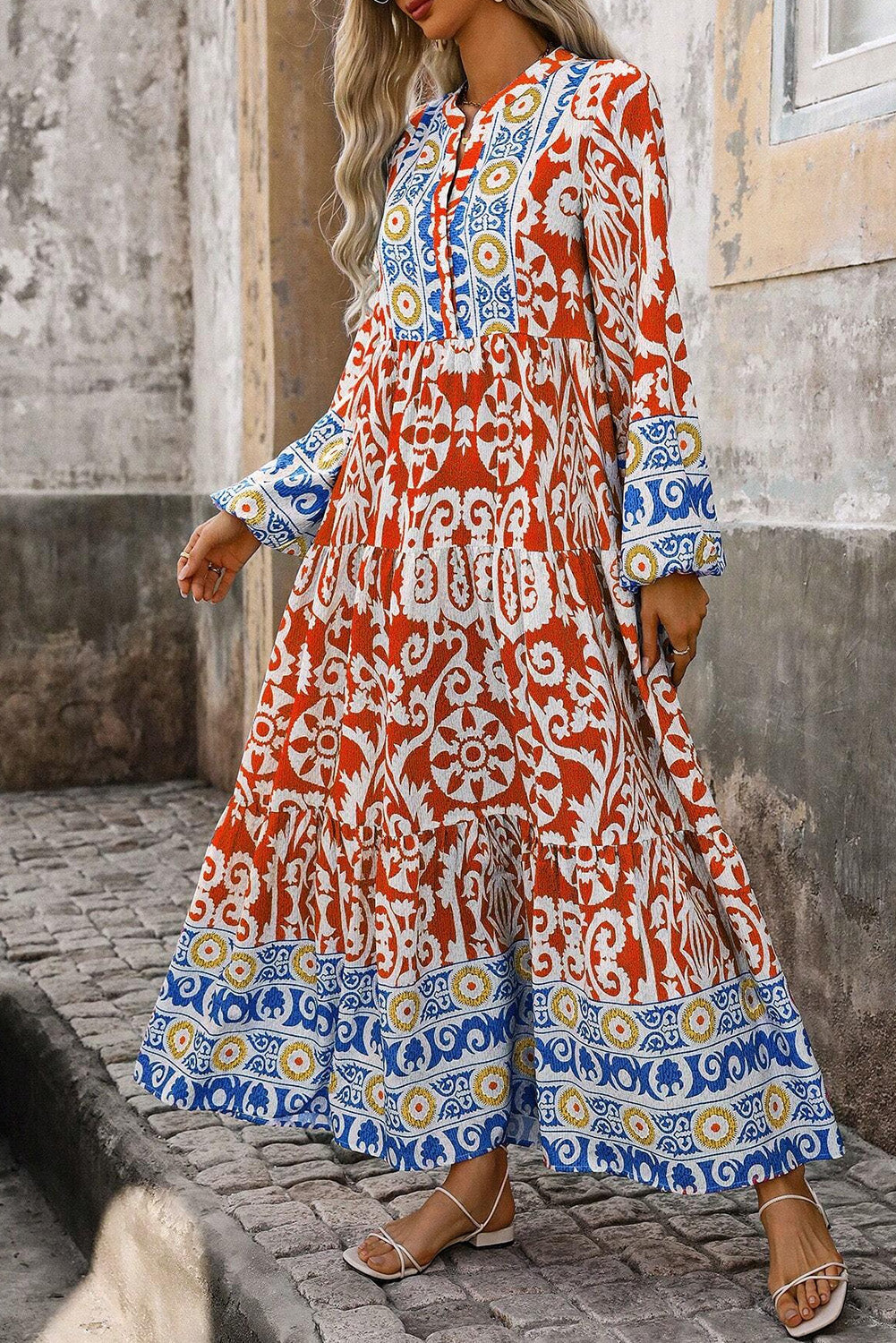 Robe longue bohème à manches longues et imprimé géométrique