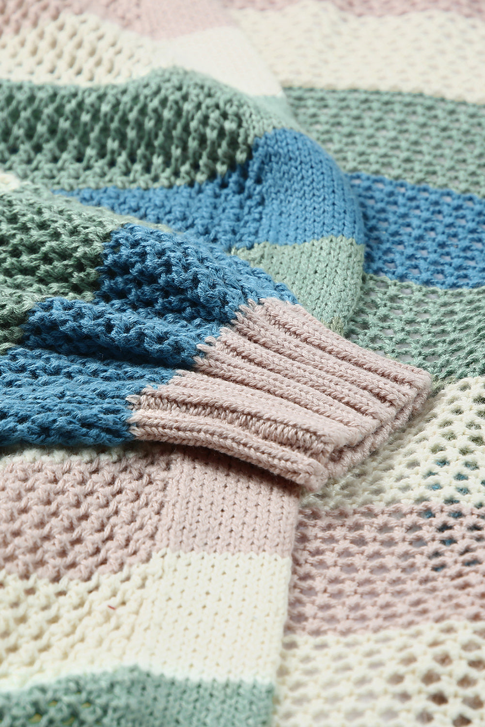 Cardigan en tricot évidé à rayures vertes et blocs de couleurs
