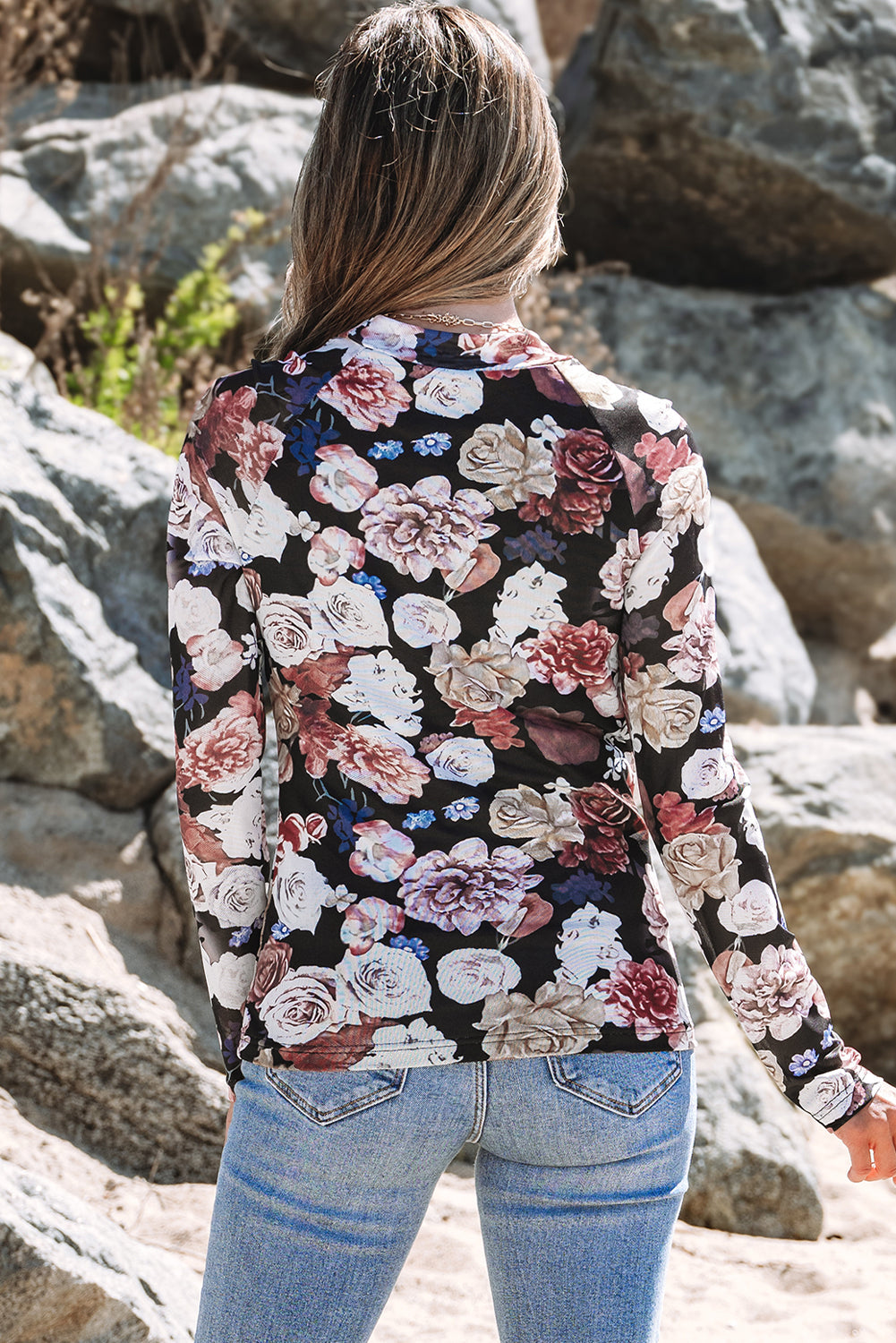 Haut slim à manches longues et col montant, imprimé floral en maille