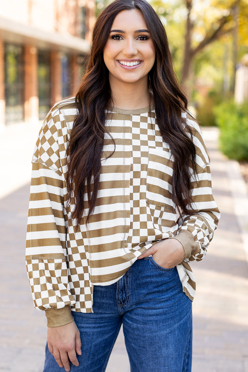 Blouse a poches et manches lanternes en patchwork rayé en damier