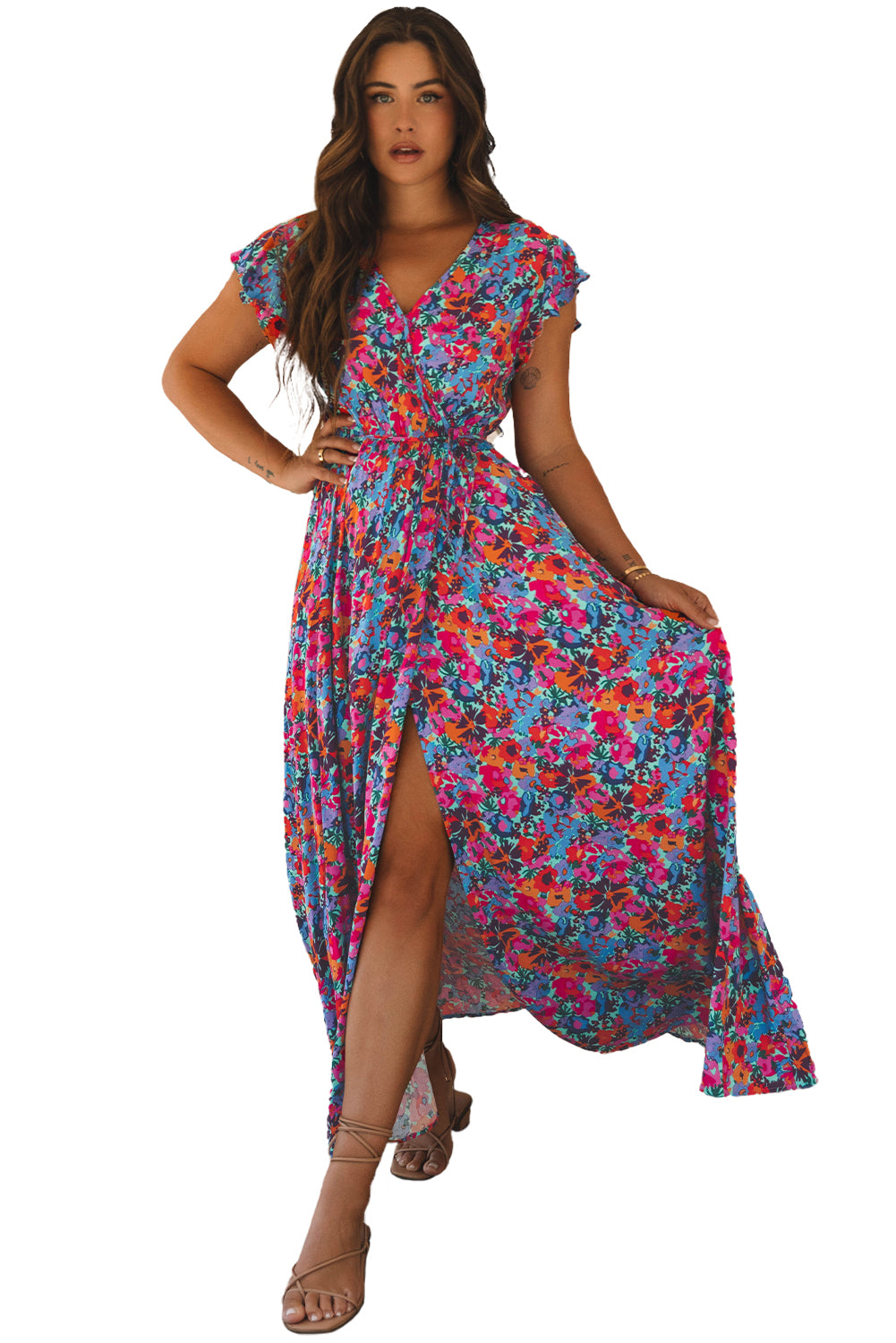 Robe longue fendue portefeuille a col en V et imprimé floral