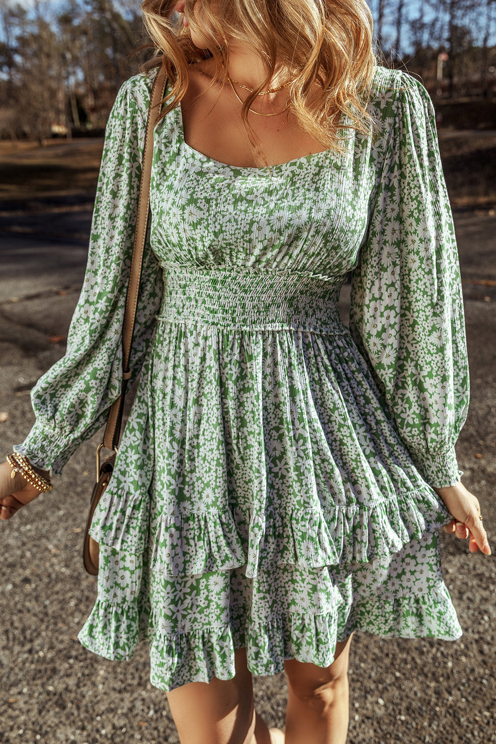 Mini-robe à volants et à volants, imprimé floral, col carré, taille froncée