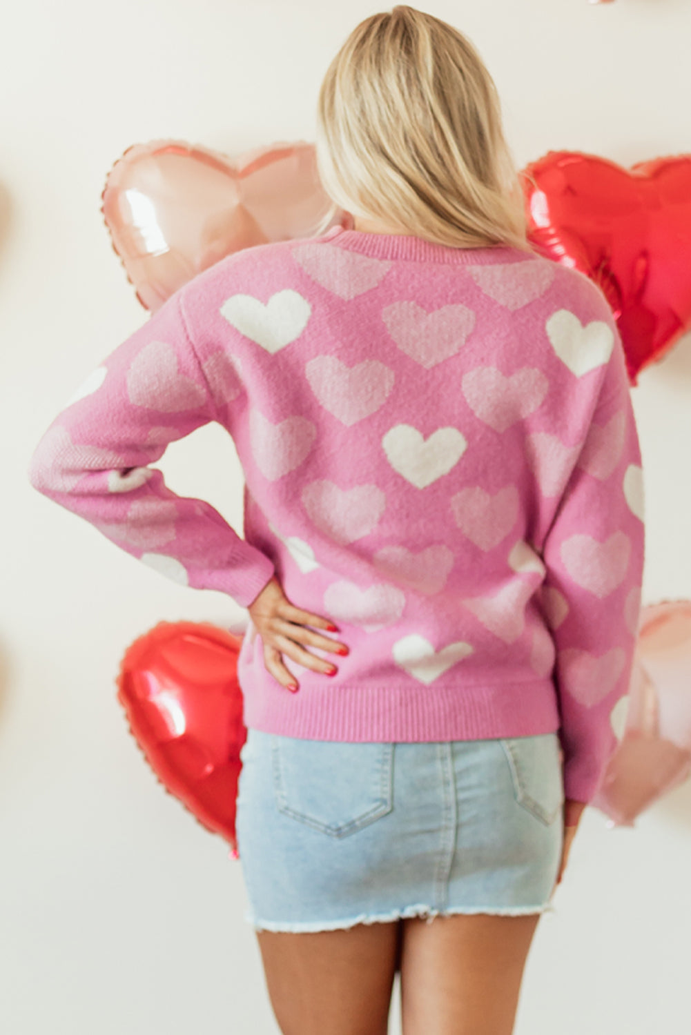Pull a col rond de Saint-Valentin a imprimé cœur perlé