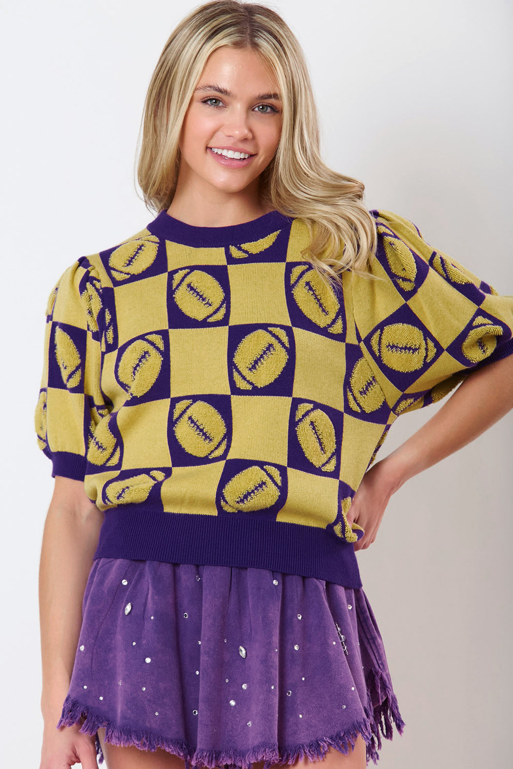 Pull a manches courtes bouffantes en blocs de couleurs a carreaux Rugby