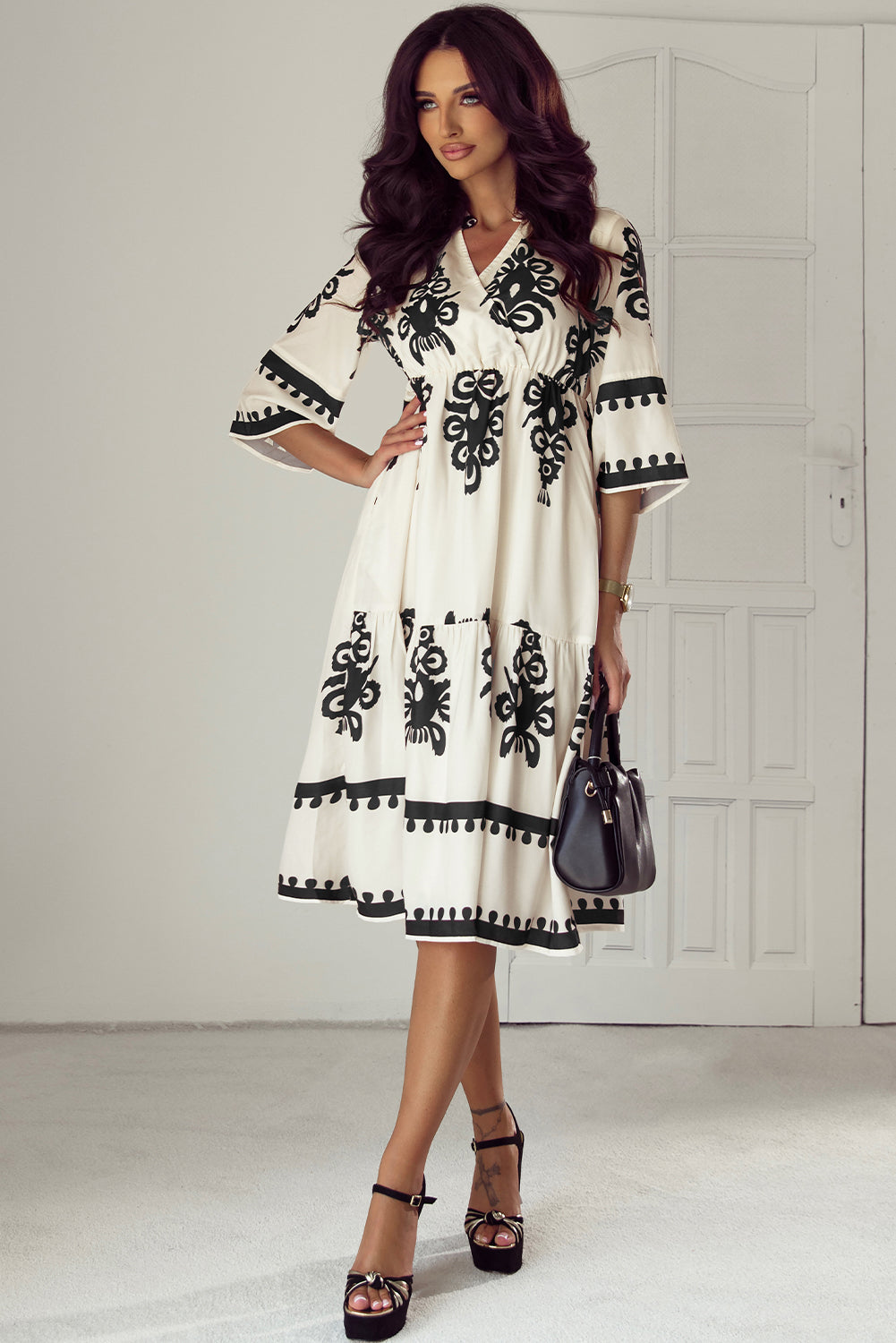 Robe midi ample a manches 3/4 et imprimé géométrique occidental