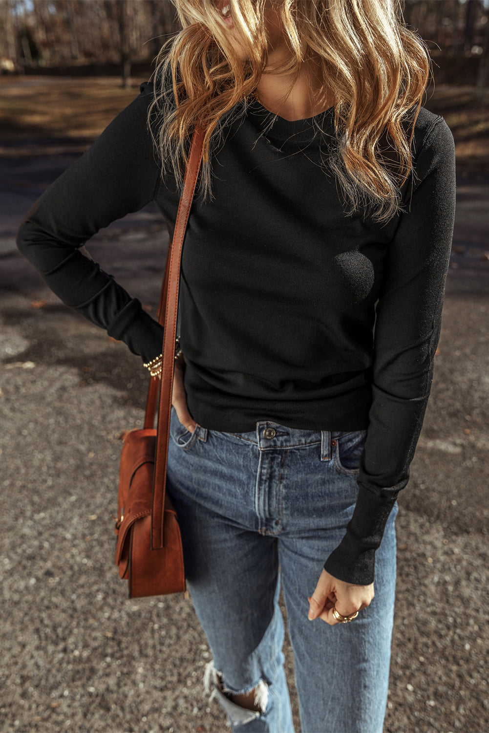 Pull léger a col rond de couleur unie, coupe slim
