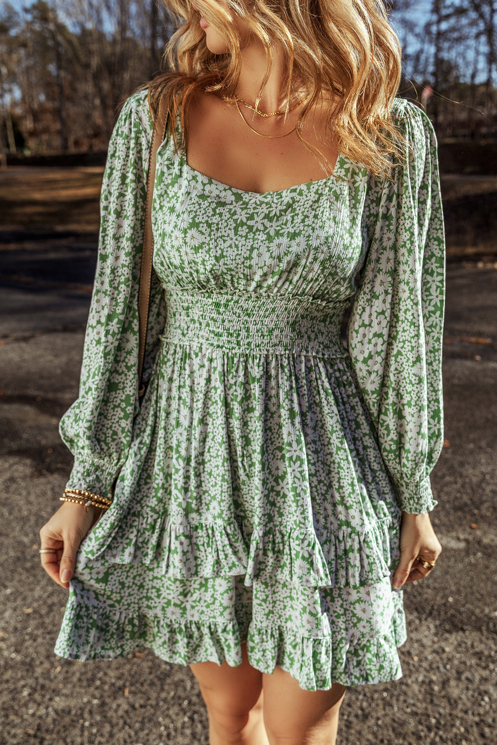 Mini-robe à volants et à volants, imprimé floral, col carré, taille froncée